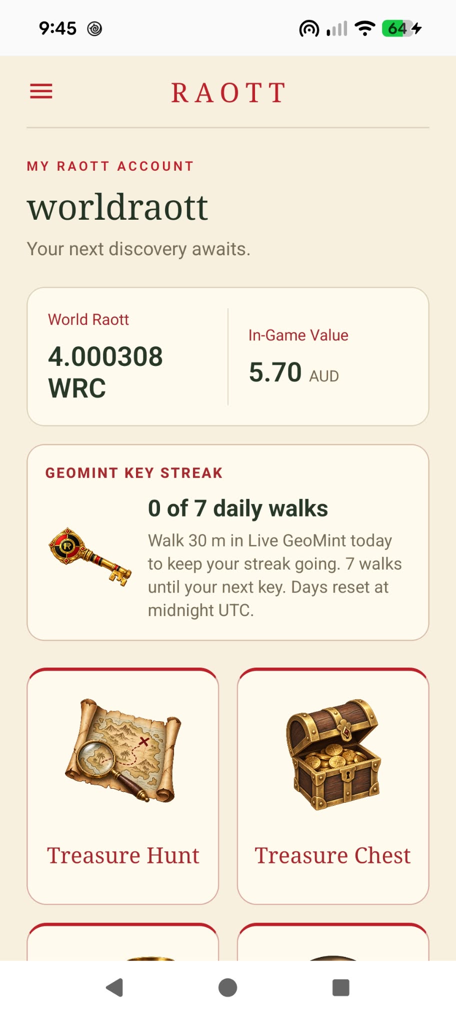 RAOTT account with WRC balance and treasure hunt options